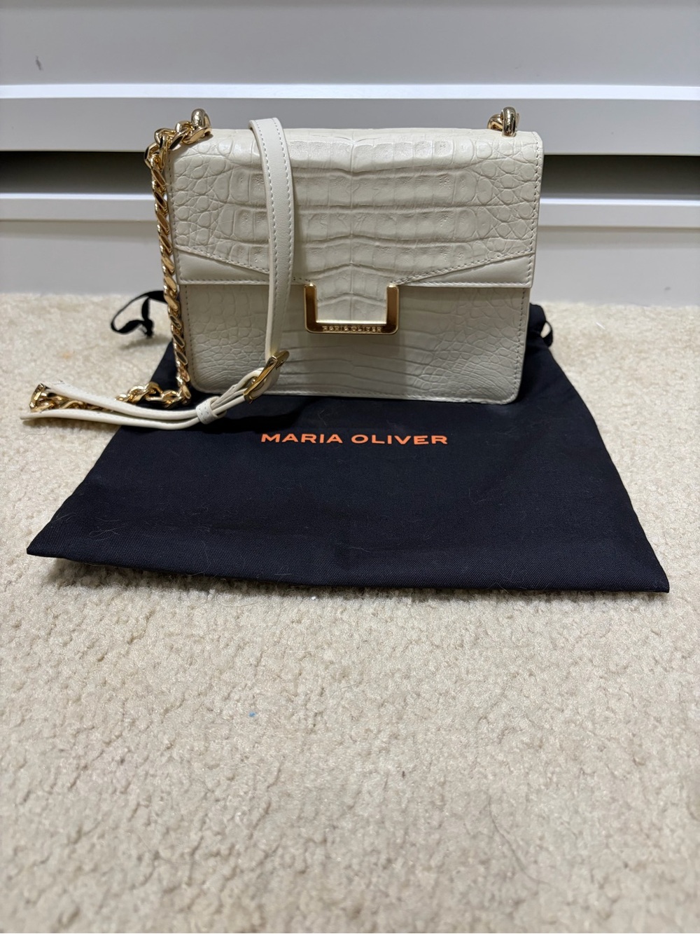 Marie Oliver Malala White Glazed Crocodile Clutch Shoulder Bag